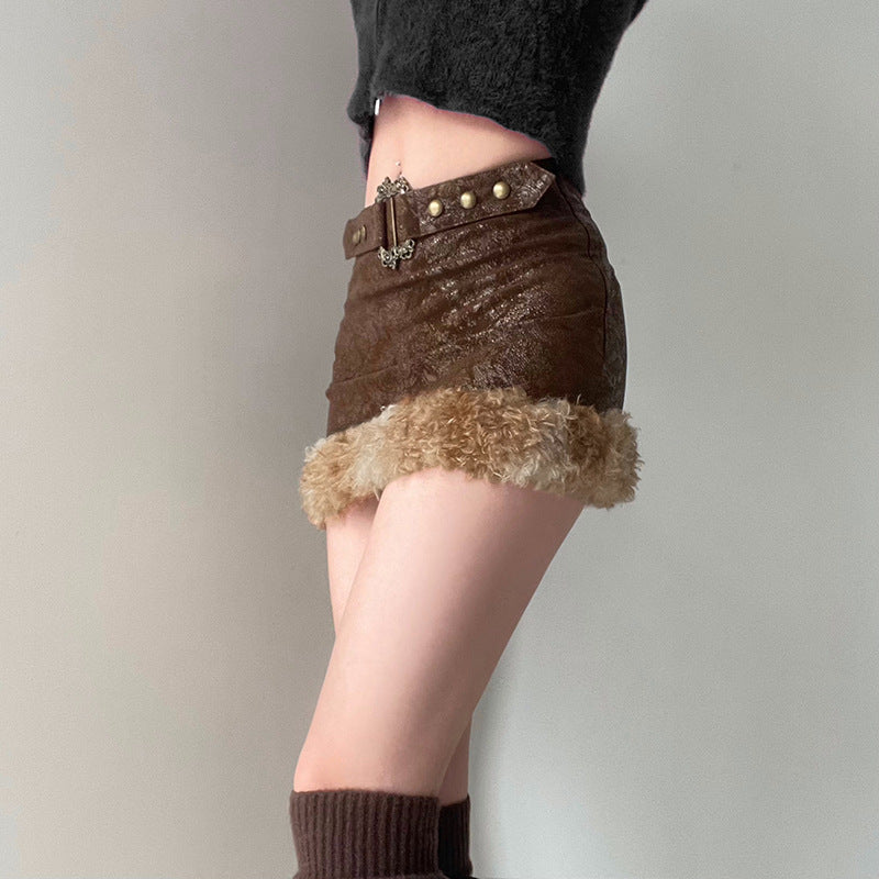 Mini Brown Leather Fur Skirt