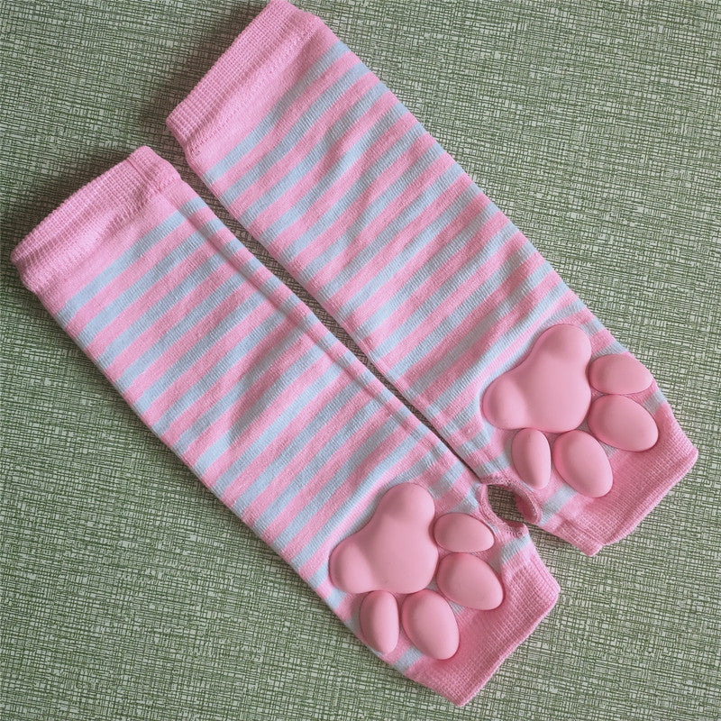 3D Cat Paw Striped Fingerless Gloves