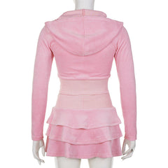 Pink Crop Top Hoodie & Skirt Two Piece Set