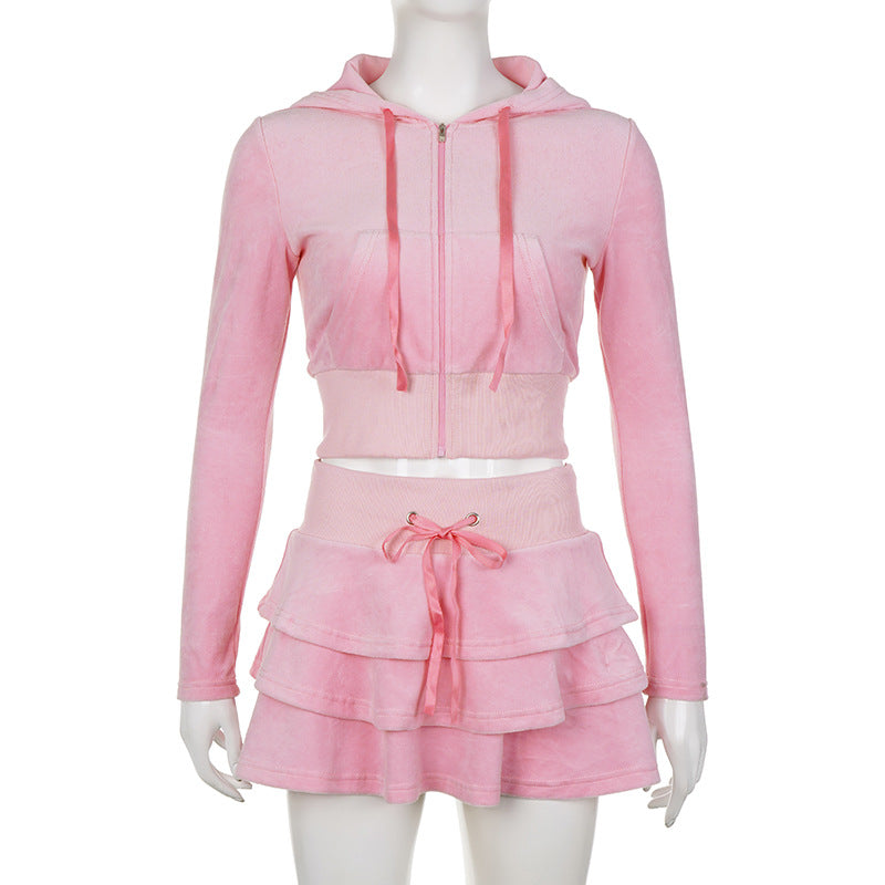 Pink Crop Top Hoodie & Skirt Two Piece Set