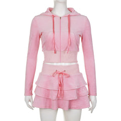 Pink Crop Top Hoodie & Skirt Two Piece Set