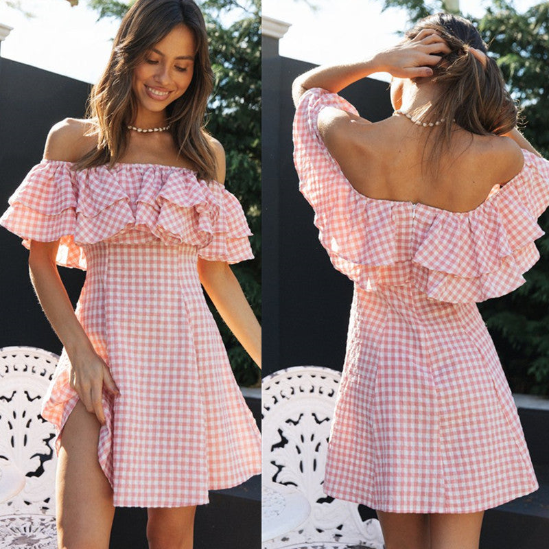 Pink Plaid Strapless Ruffle Mini Dress