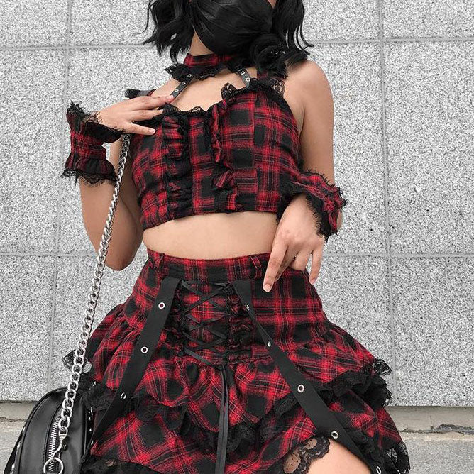 Red And Black Plaid Skirt Set