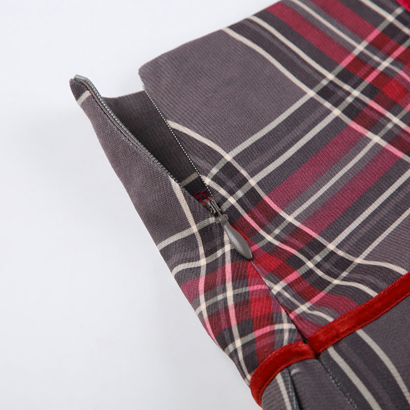 Red And Grey Plaid Pleated Skirt