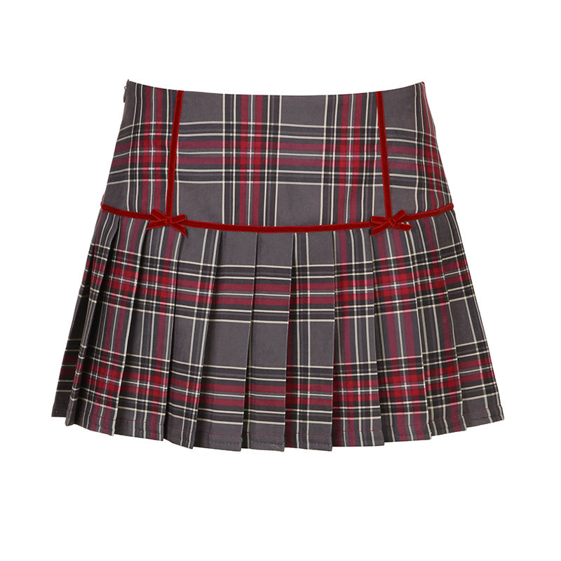 Red And Grey Plaid Pleated Skirt