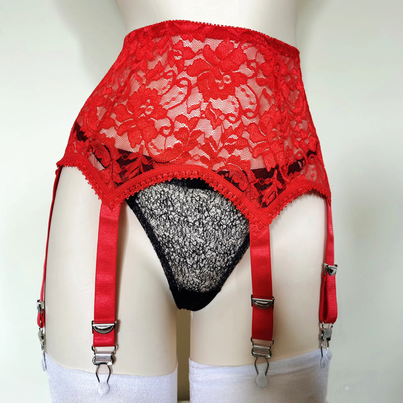 High Waist Floral Lace 6 Strap Garter Belt