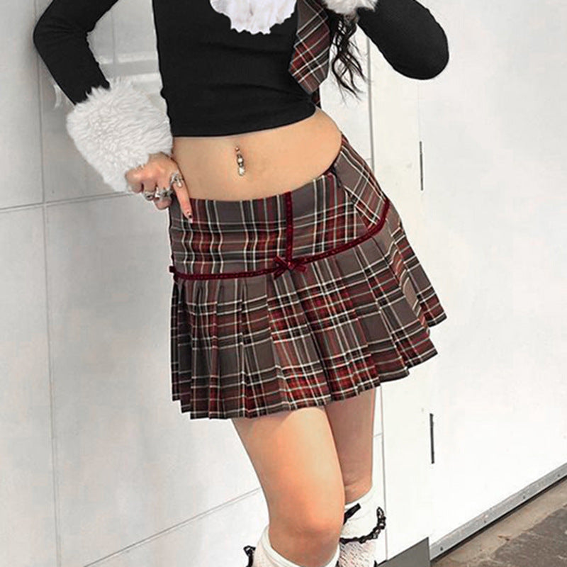 Red And Grey Plaid Pleated Skirt