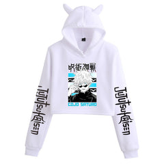 Anime Crop Hoodie With Cat Ears - White