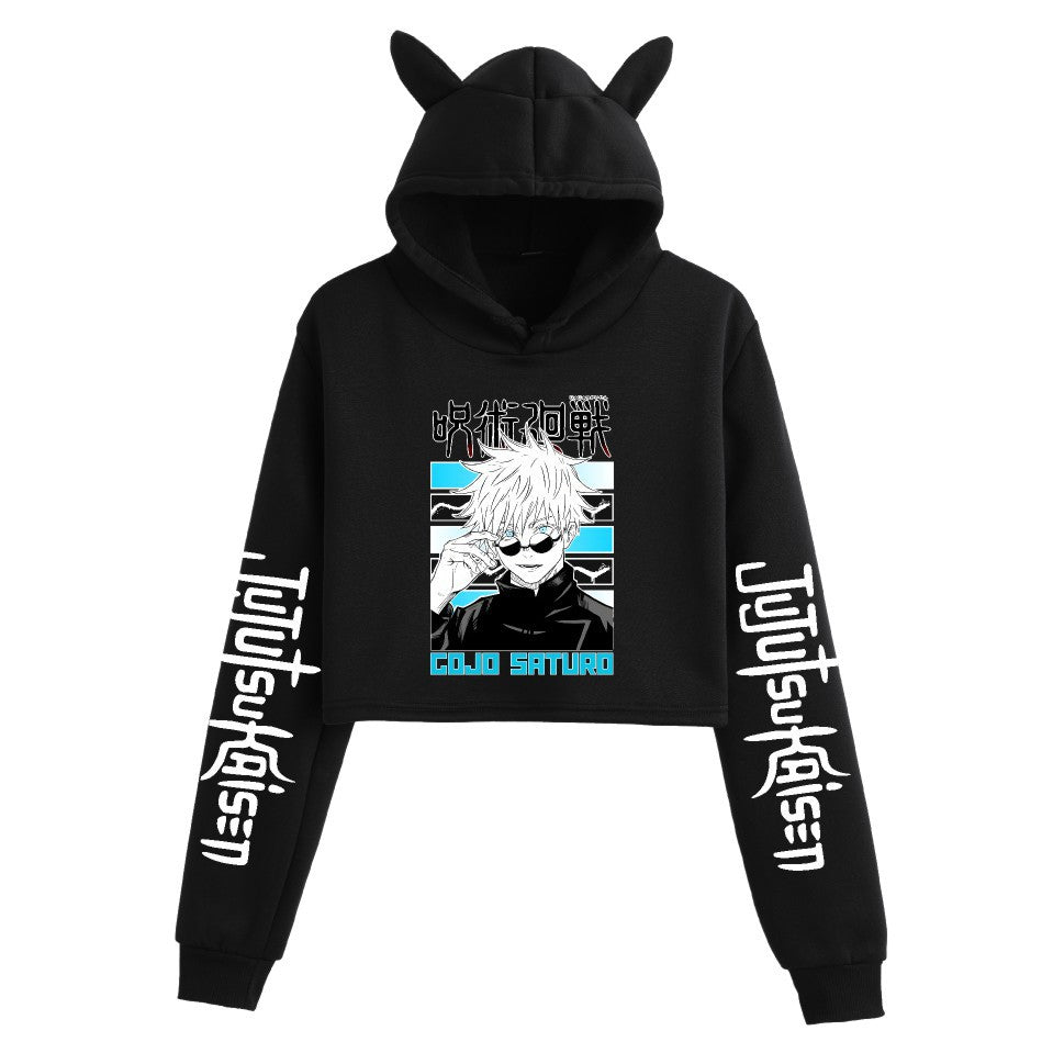 Anime Crop Hoodie With Cat Ears-Black