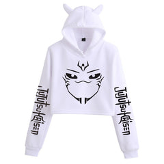 Anime Crop Hoodie With Cat Ears - White