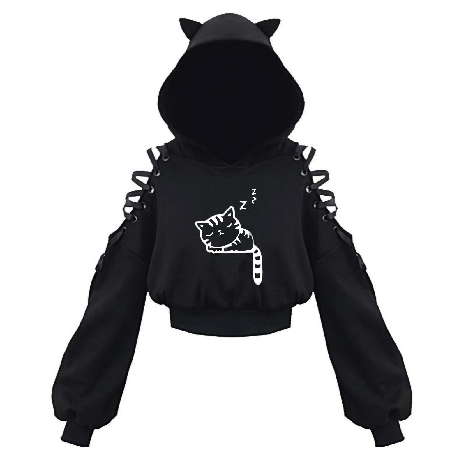 Black Cat Crop Hoodie With Ears