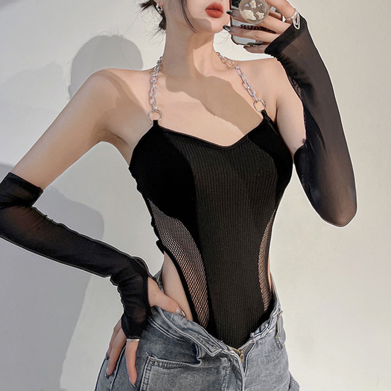 Black Halterneck Bodysuit With Chain Straps