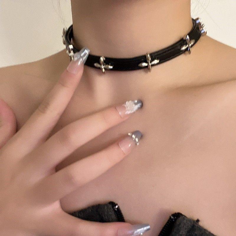 Black Leather Cross Choker