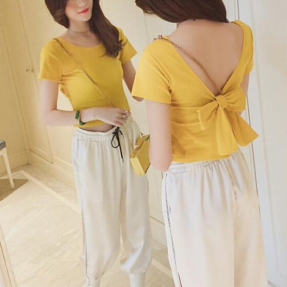 Bowknot Solid Crop Tee