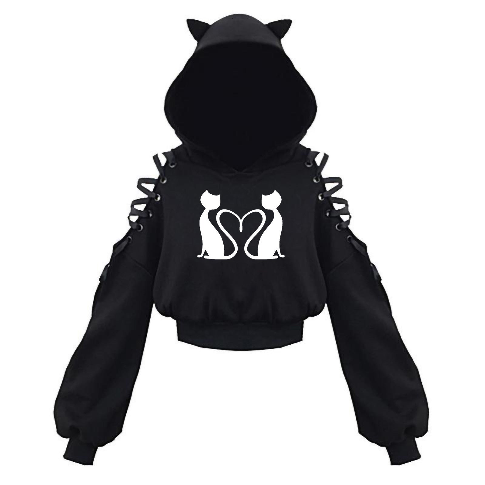 Black Cat Crop Hoodie With Ears