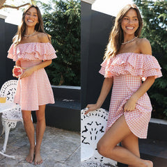 Pink Plaid Strapless Ruffle Mini Dress