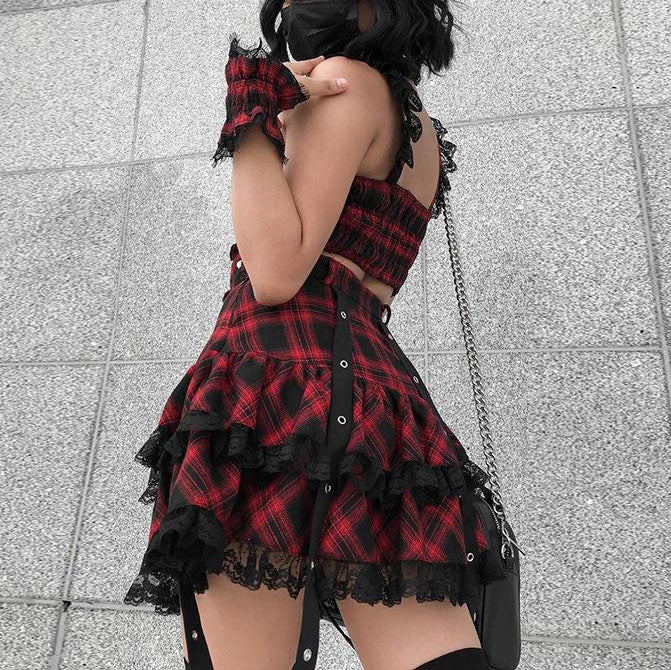 Red And Black Plaid Skirt Set