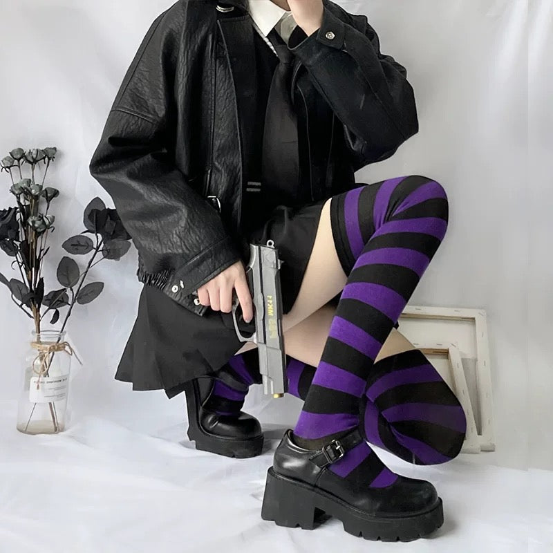 Black And Purple Thigh High Socks