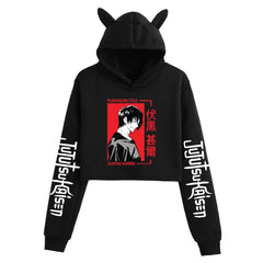 Anime Crop Hoodie With Cat Ears-Black