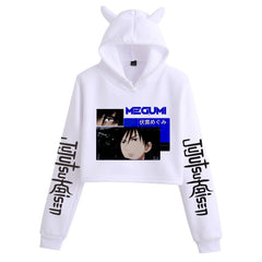 Anime Crop Hoodie With Cat Ears - White