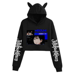 Anime Crop Hoodie With Cat Ears-Black