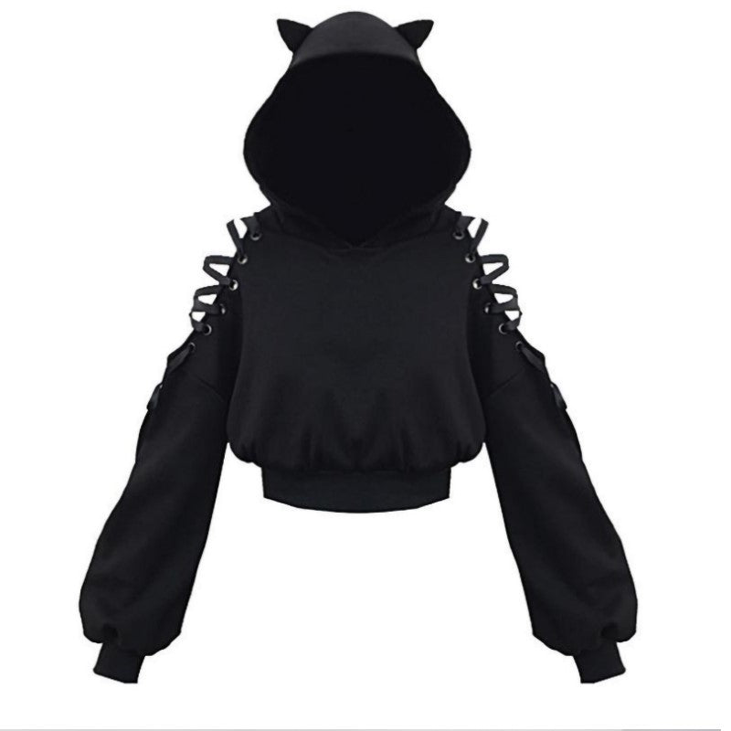 Black Cat Crop Hoodie With Ears