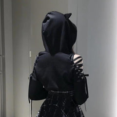 Black Cat Crop Hoodie With Ears