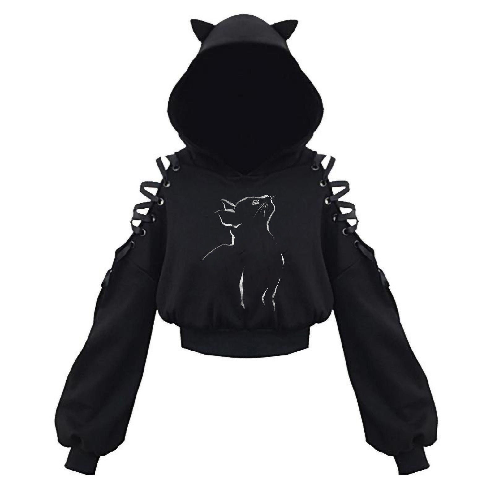 Black Cat Crop Hoodie With Ears