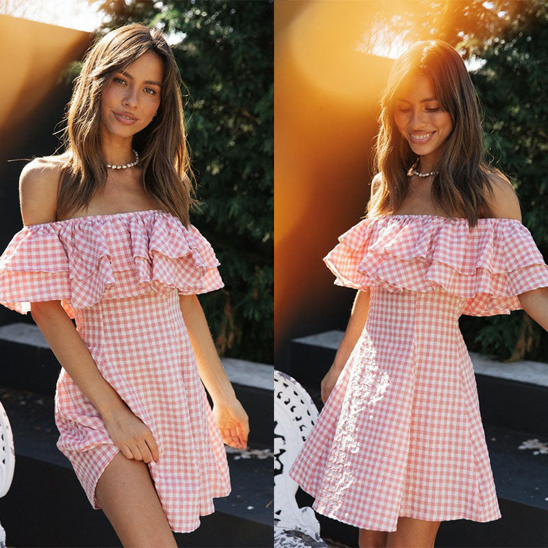 Pink Plaid Strapless Ruffle Mini Dress