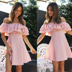 Pink Plaid Strapless Ruffle Mini Dress