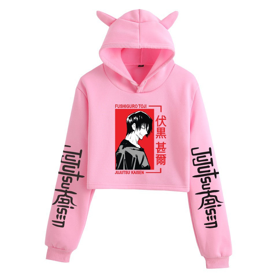 Anime Crop Hoodie With Cat Ears - Pink