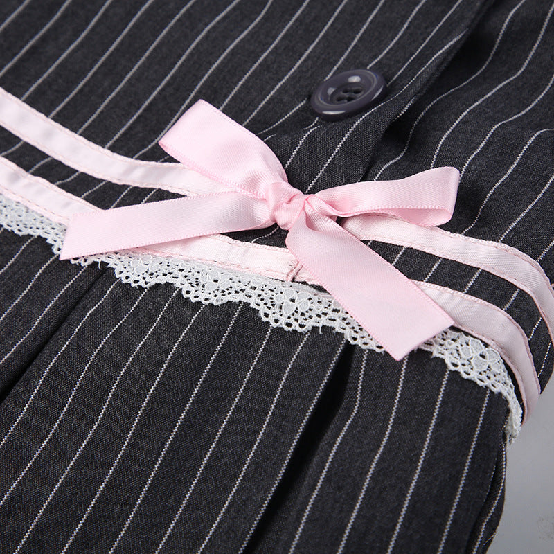 Sweet Bowknot Grey Stripe Suit Skirt