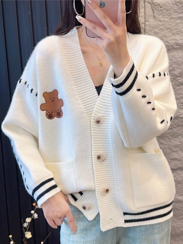 V Neck Bear Cardigan Sweater