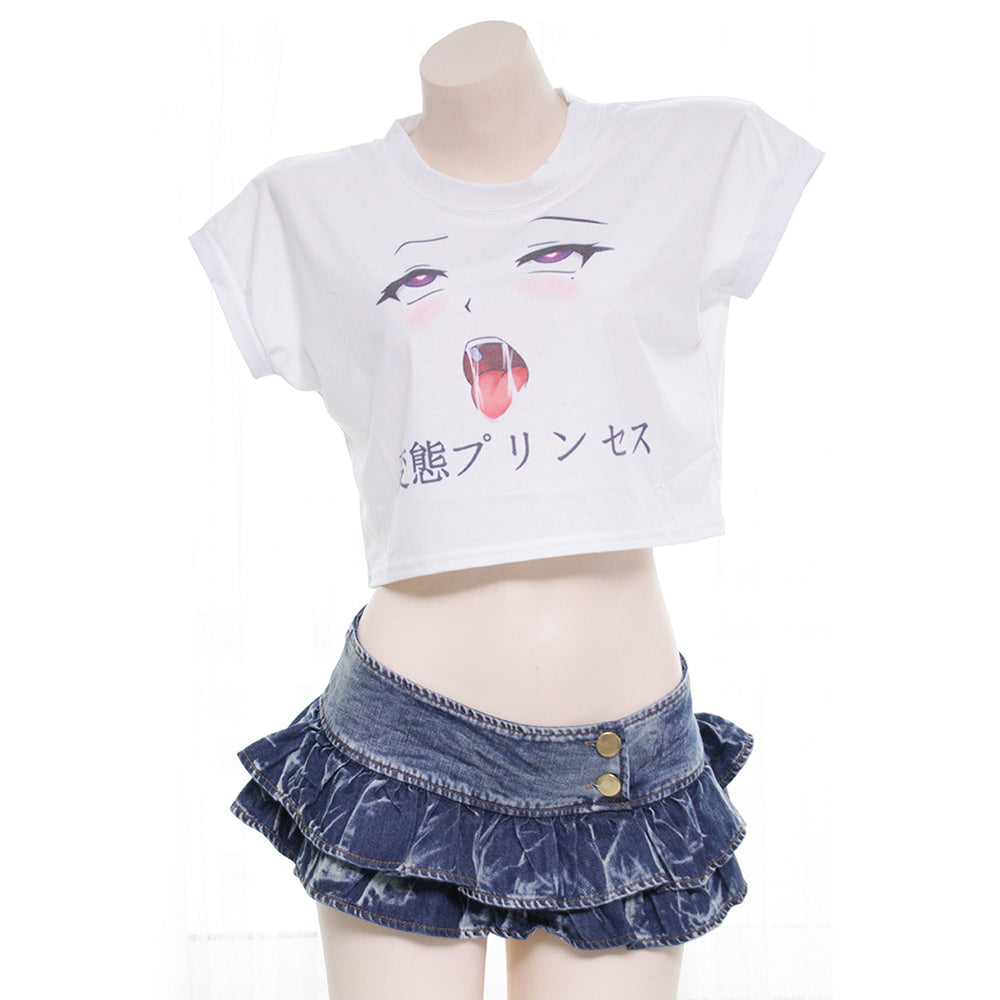 White Anime Kaomoji Crop Top