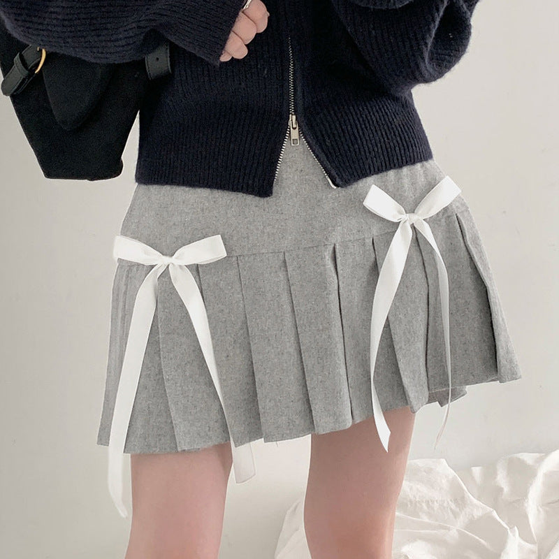 Ribbon Bowknot Grey Pleated Skirt