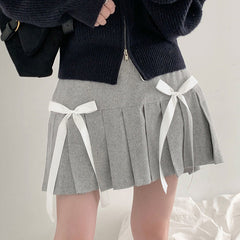 Ribbon Bowknot Grey Pleated Skirt