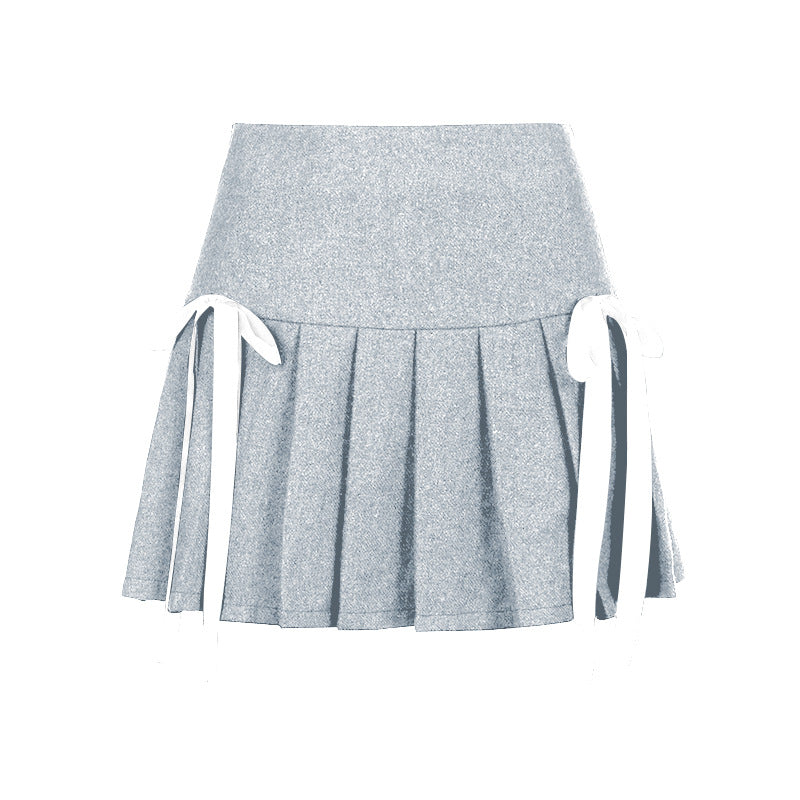 Ribbon Bowknot Grey Pleated Skirt