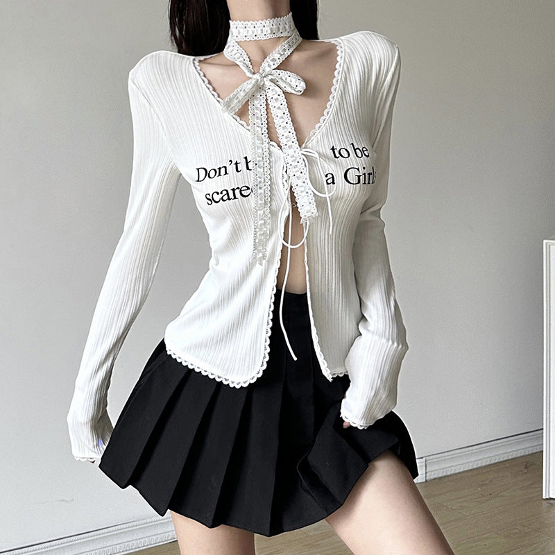 Slim Long Sleeve Tie Front Top