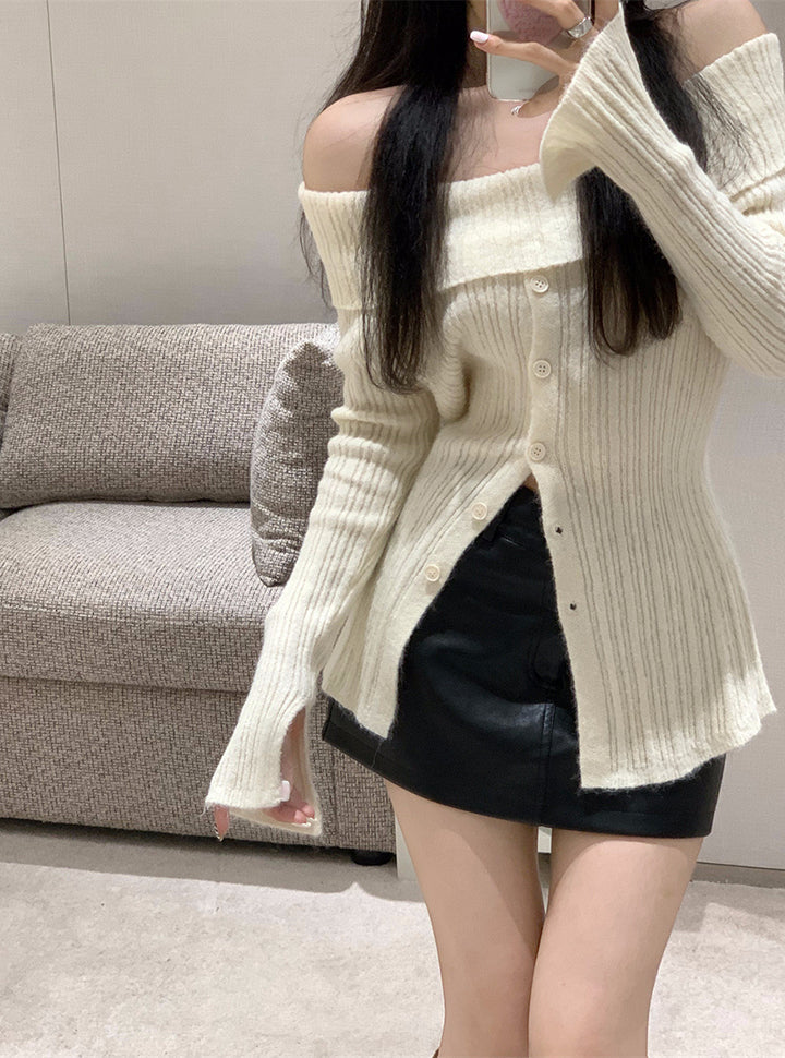 One Shoulder Long White Knit Sweater For
