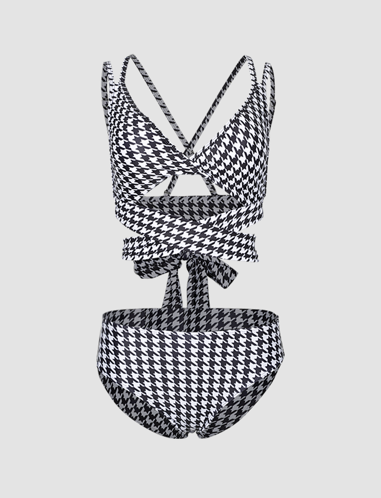Black&White Houndstooth Cross-Tie Swimwear