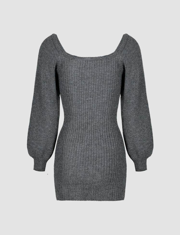 Gray Lantern Sleeve Knitted Dress