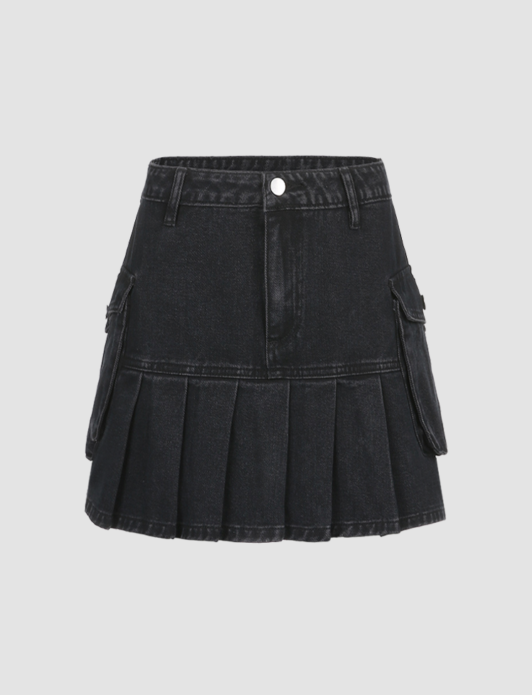 Black Ruched Denim Zipper Skirt