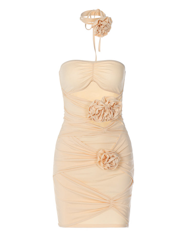 Beige Open Back Pleated Bodycon Short Dress For