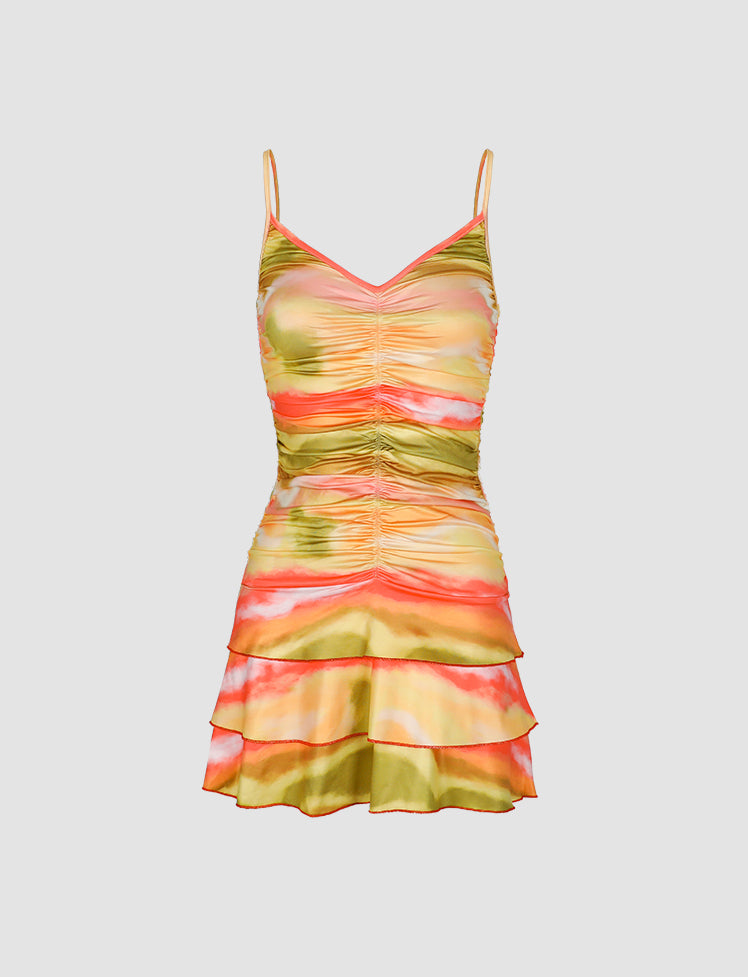 Colorful Print Pleated Cami Dress