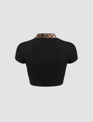 Black leopard collar cropped polo shirt