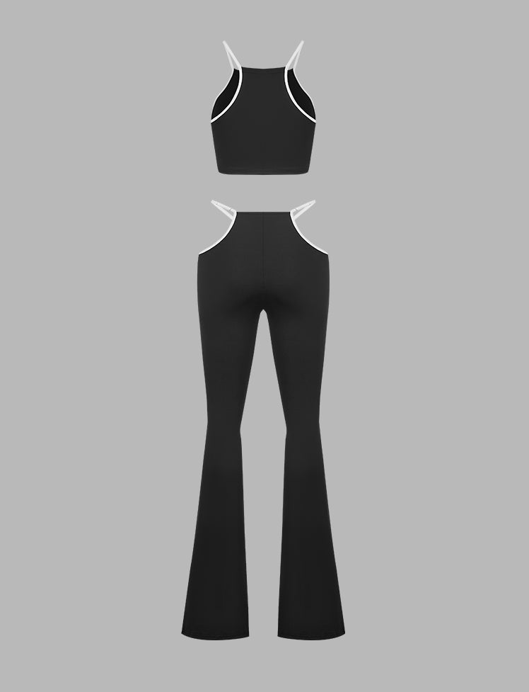 Black&White Crop Top&Flared Trousers Set