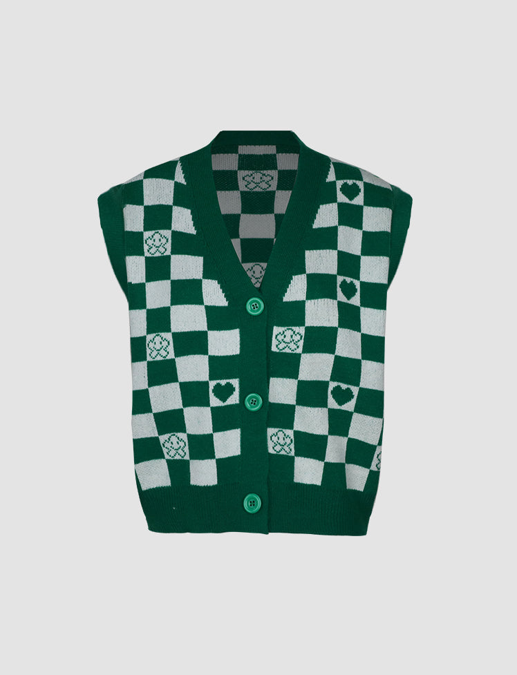 Green&White Check Love Knit Cardigan Vest Sweater