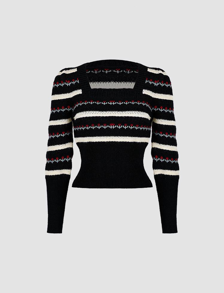 Vintage Black Square Neck Flower Knitted Crop Sweater