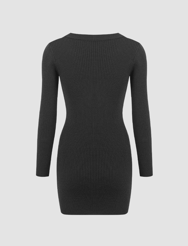 V Neck Slim Knitted One Piece Dress For   With Hip Skirt