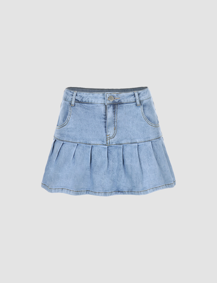 Pleated Denim Mini Skirt